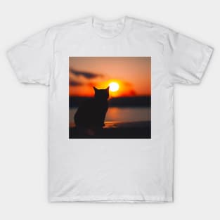 Black Cat Watching Sunset T-Shirt